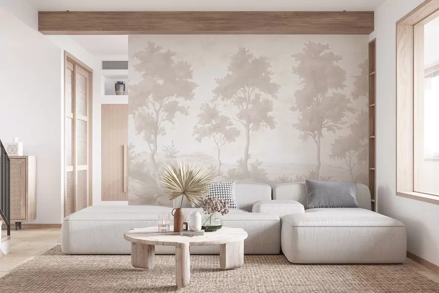 Fotobehang Bomen op de heuvel, pastel stijl tekening, beige kleuren, rustiek w03550