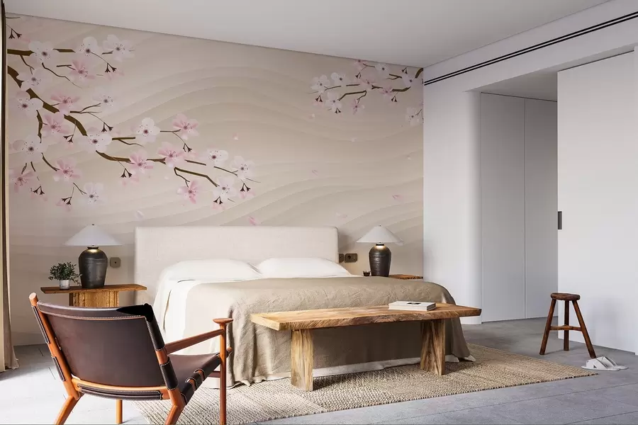 Fotobehang Sakura takken op een golvende zanderige achtergrond w08959