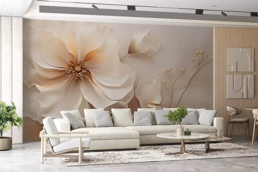 Fotobehang Beige en lichtbruine wilde grassen met bloemen in beige tinten w08960