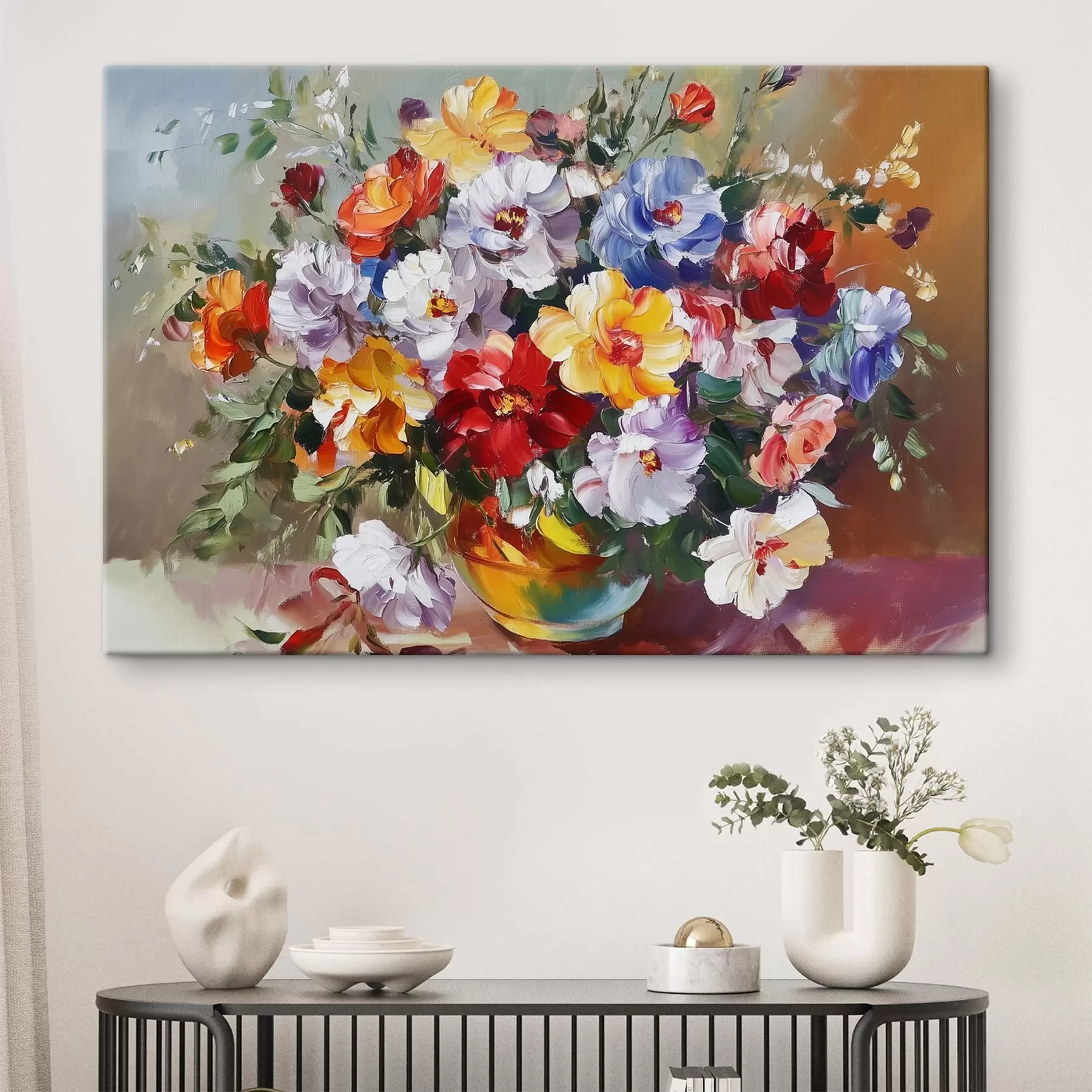  Schilderijen Veelkleurige bloemen in een vaas in olieverfstijl s43909