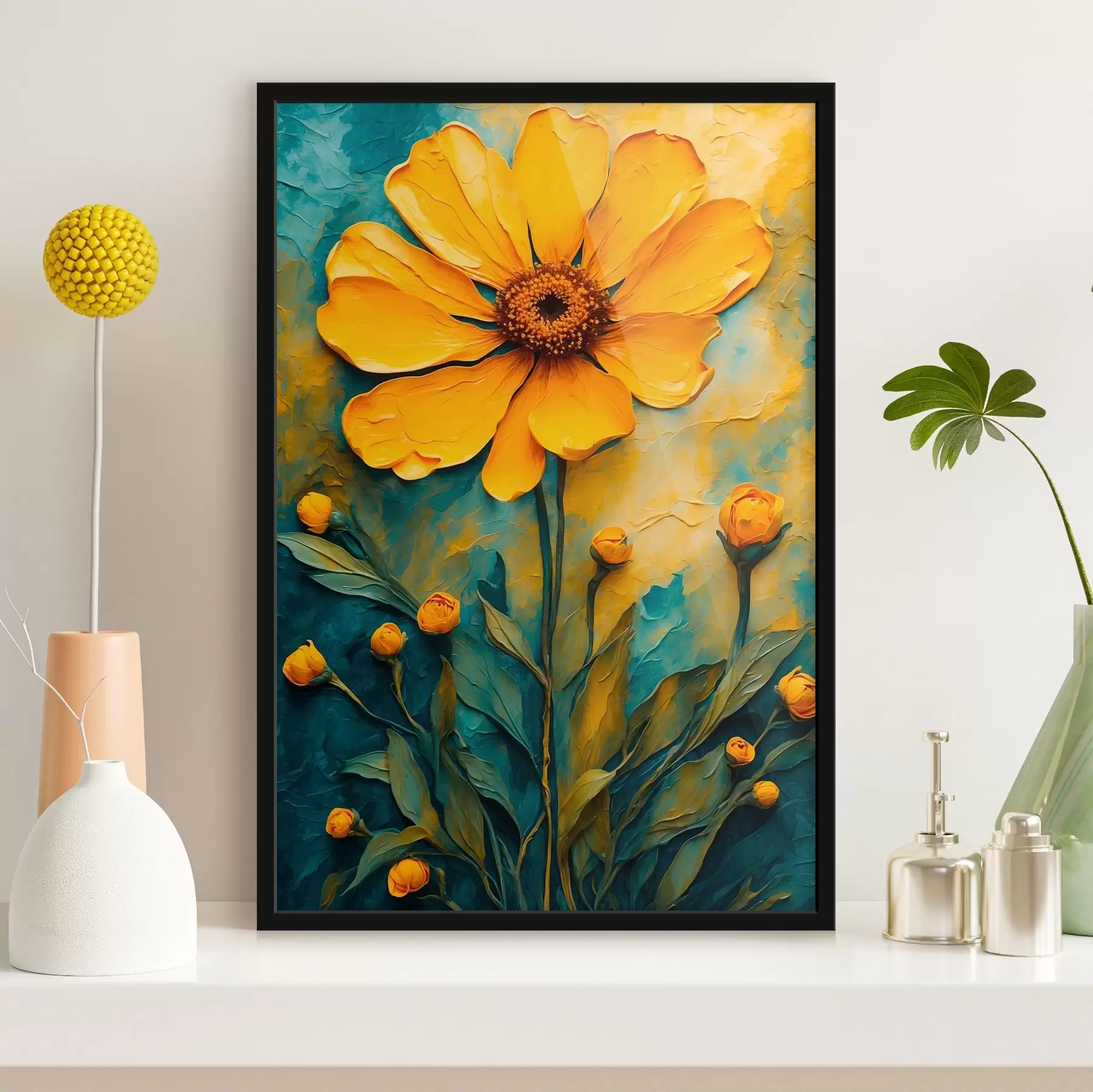 Fotobehang Geel madeliefje in olieverfschilderij f43870