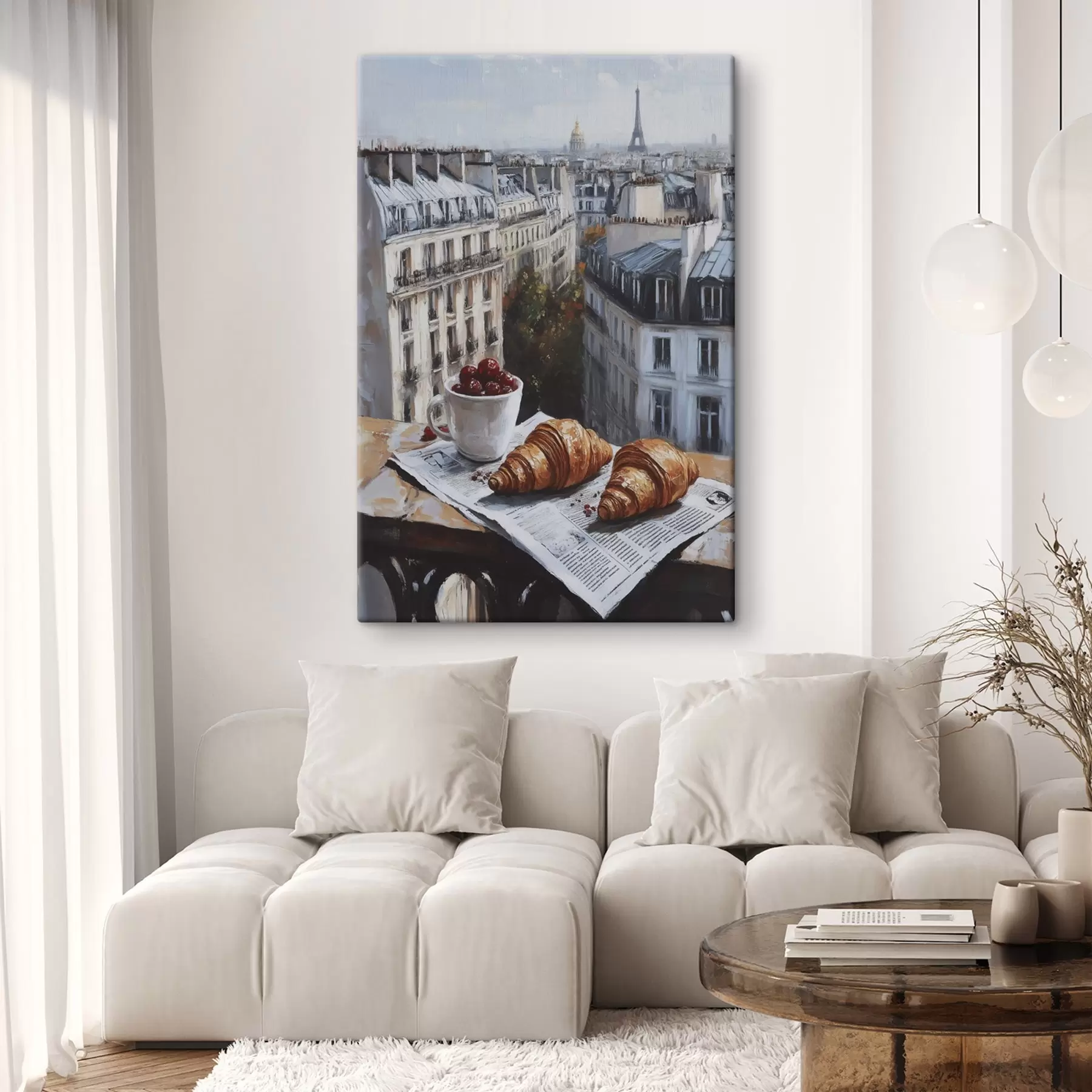 Fotobehang Ochtend in Parijs, koffie met croissants, stadsgezicht, olieverf tekening s43892