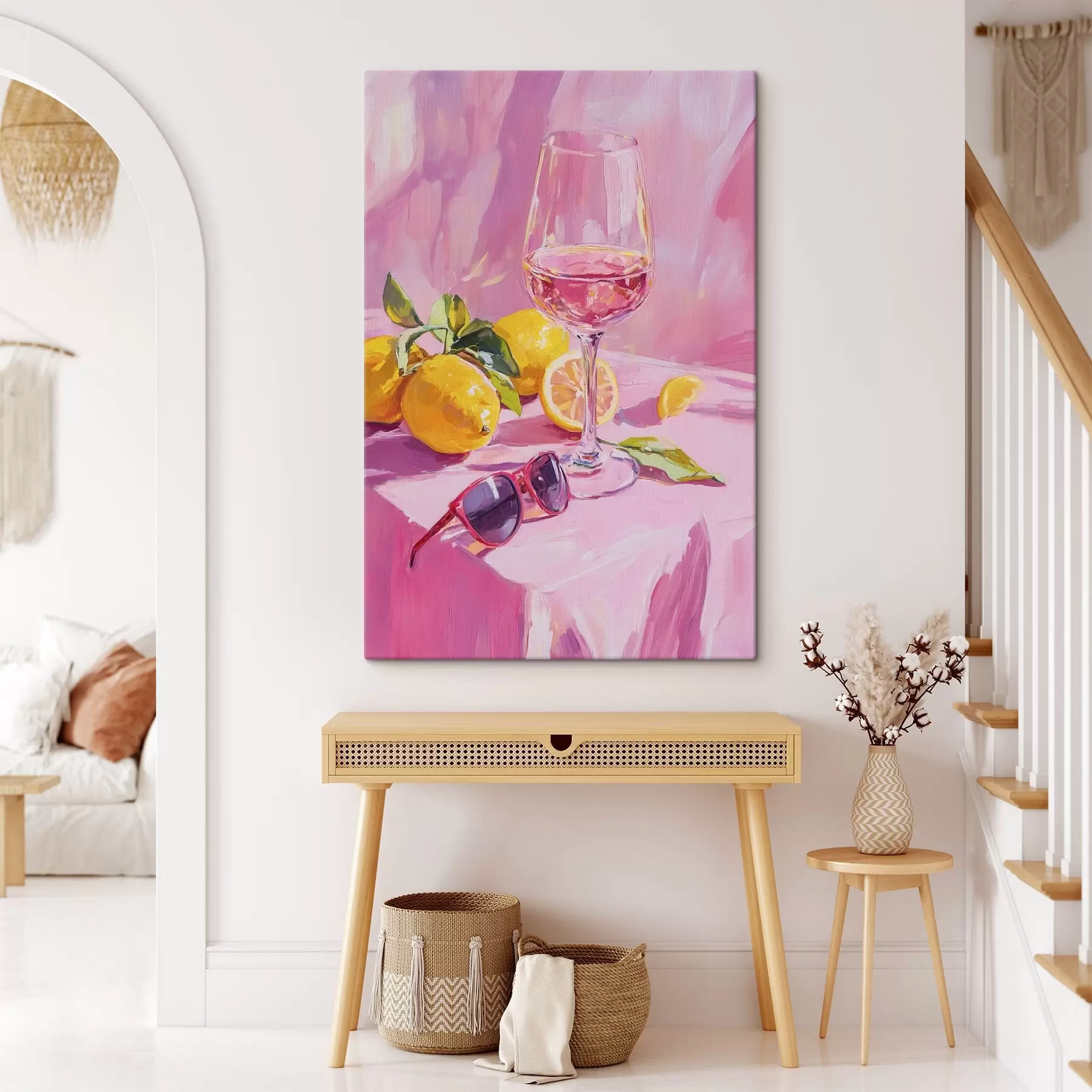  Schilderijen Glas wijn met citroenen, zonnebril, abstractie, olieverf tekening, roze kleuren s43883