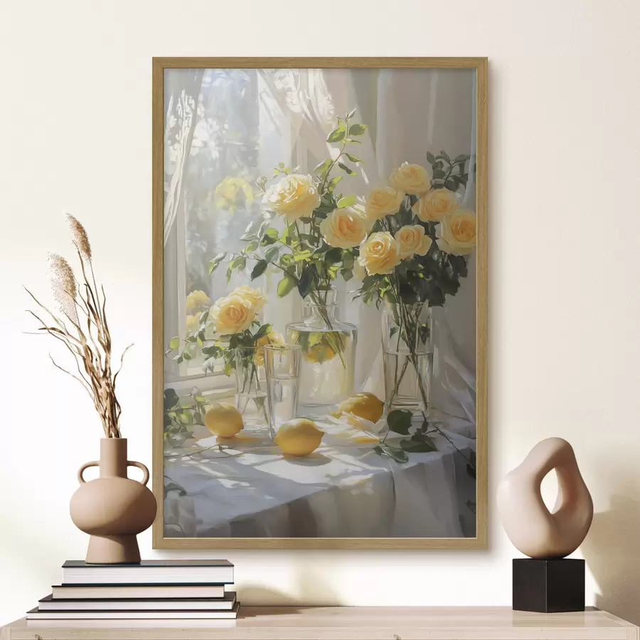 Fotobehang Rozen in vazen, tekening in olieverfstijl, zacht zonlicht, citroenen, lente f43887