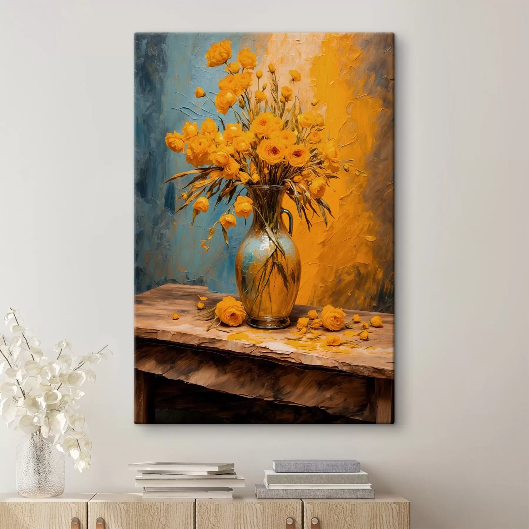 Fotobehang Gele bloemen in een vaas op een tafel s43462