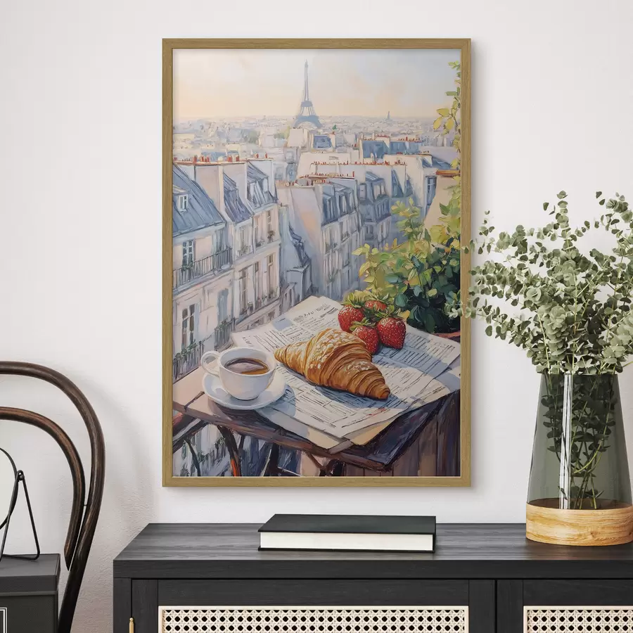 Fotobehang Zonsopgang op het balkon in Parijs, Eiffeltoren, aardbeien, koffie, dagboek f43890