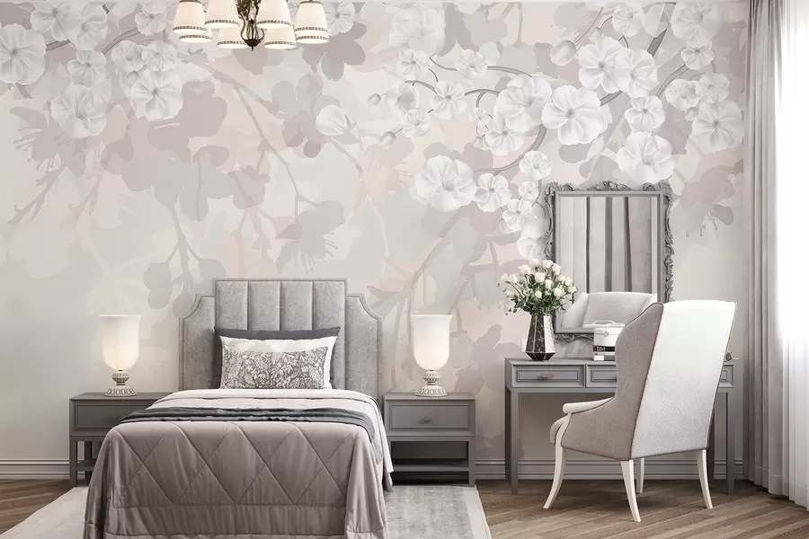 Fotobehang Takken van kersenbloesem met witte bloemen en grijze bladeren, op elegante bloemsilhouetten in zachte pastelkleuren w08973v1