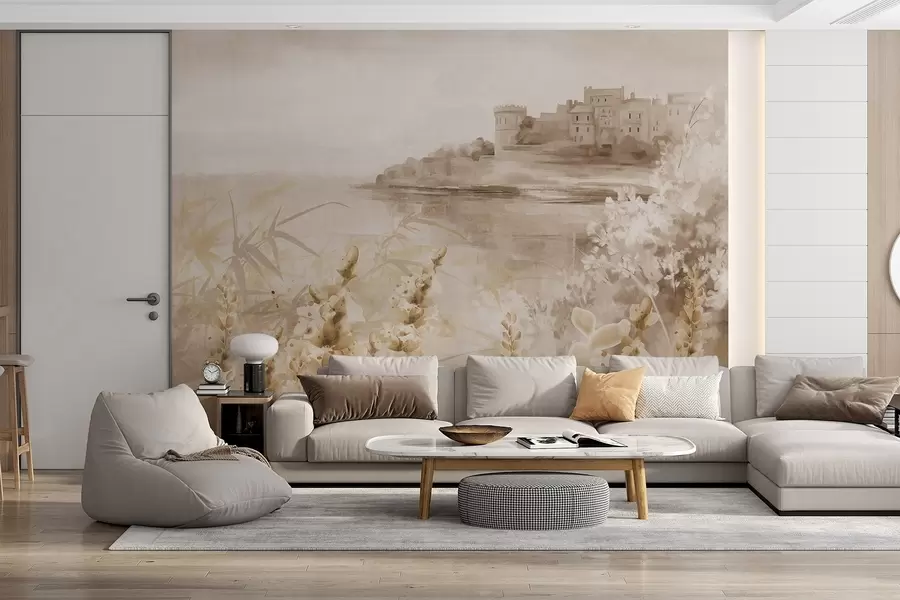 Fotobehang Vintage landschap met een kasteel op een klif met uitzicht op zee, met lavendel bloemen in gedempte kleuren w08975v1