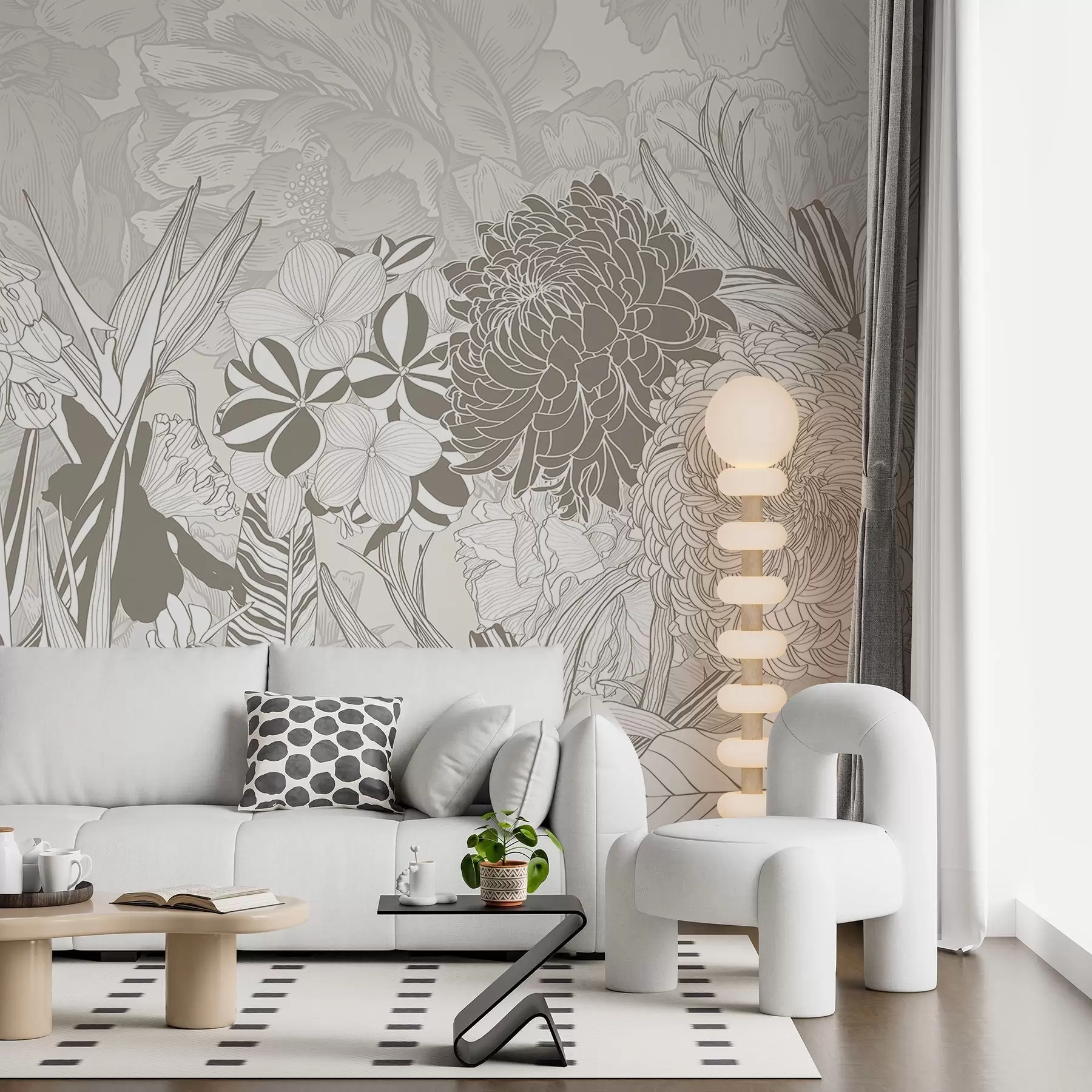 Fotobehang Bloemen en bladeren in beige tinten, inclusief chrysanten, plumeria en tropisch gebladerte, botanisch ontwerp w08976