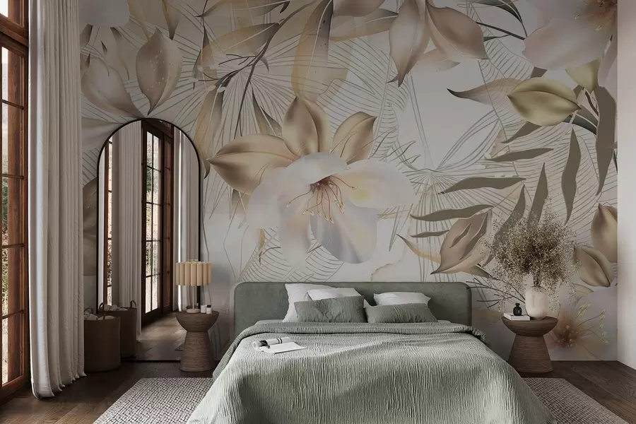 Fotobehang Jasmijn bloemen en bladeren, zachte kleuren, botanische illustratie, florale achtergrond, elegant ontwerp, delicate bloemblaadjes w08977