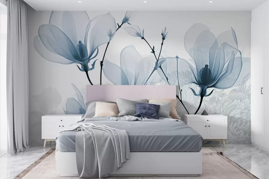 Fotobehang Doorschijnende blauwe magnolia bloemen met bloemensilhouetten met fijne bloemblaadjes en donkere stelen w08978