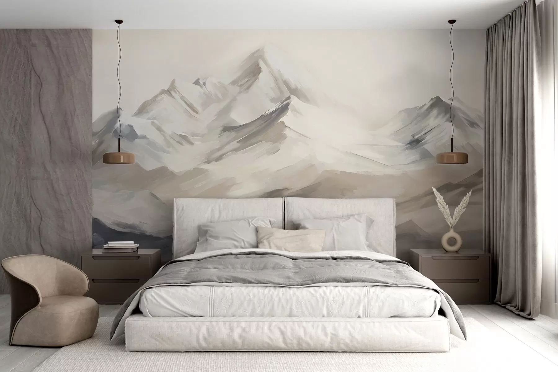 Fotobehang Bergenlandschap met lichte lucht, penseelstreken, neutrale beige en grijze kleuren, bergketen  w08980