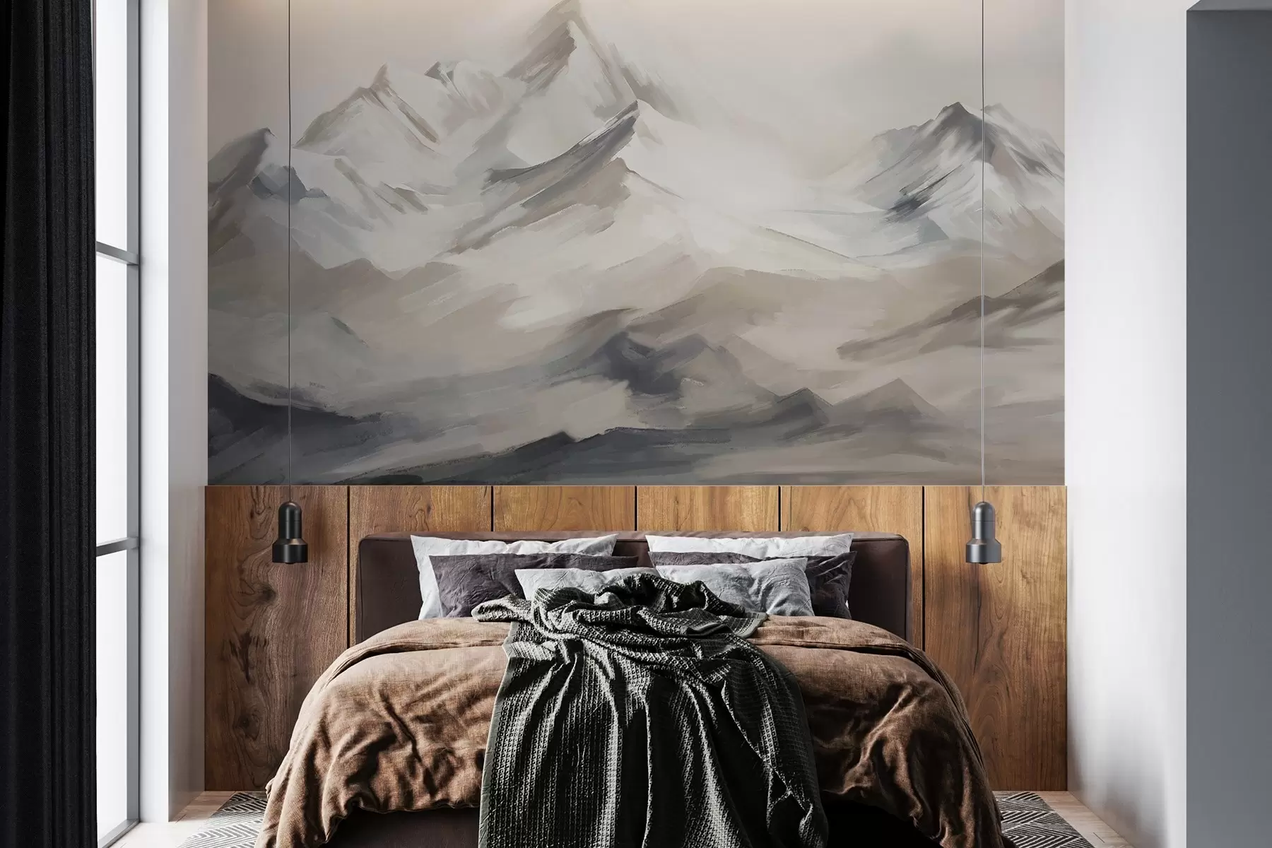 Fotobehang Bergenlandschap met lichte lucht, penseelstreken, neutrale beige en grijze kleuren, bergketen  w08980