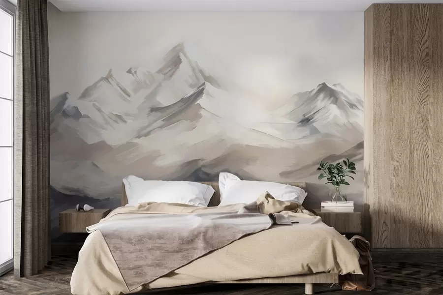 Fotobehang Bergenlandschap met lichte lucht, penseelstreken, neutrale beige en grijze kleuren, bergketen  w08980