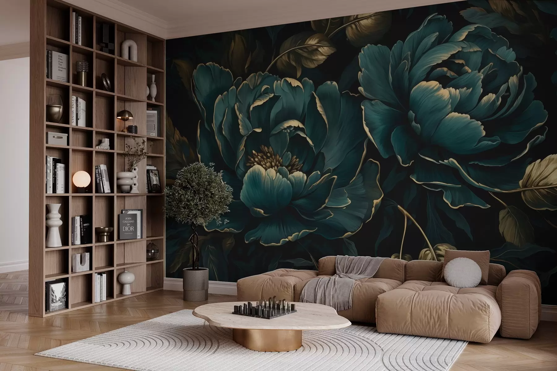 Fotobehang Bloeiende pioenbloemen op donkere achtergrond w03651
