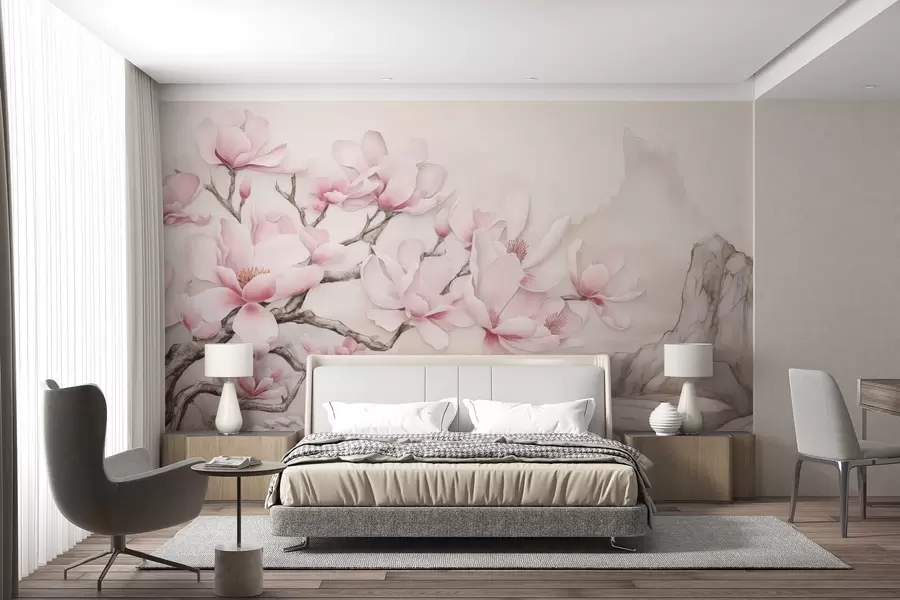 Fotobehang Aquarel magnolia tak over een rots w03655