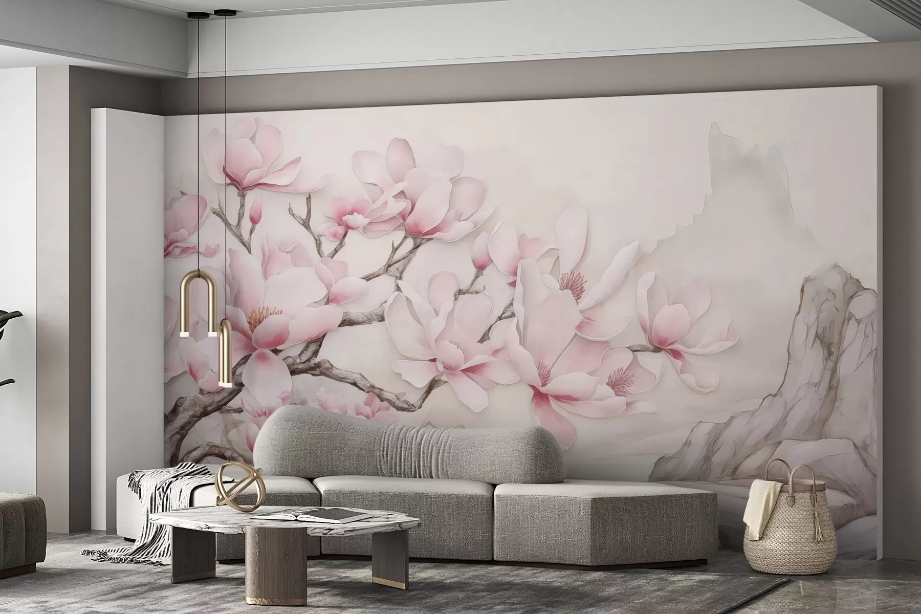 Fotobehang Aquarel magnolia tak over een rots w03655