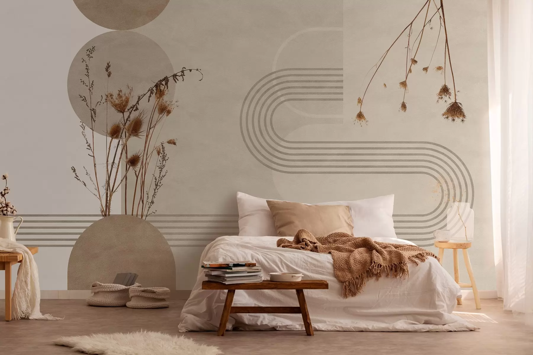 Fotobehang stijlvolle geometrie en gedroogde bloemen in beige tinten w03449