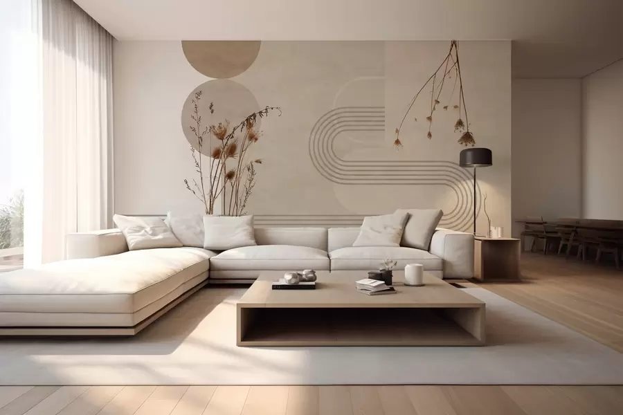 Fotobehang stijlvolle geometrie en gedroogde bloemen in beige tinten w03449