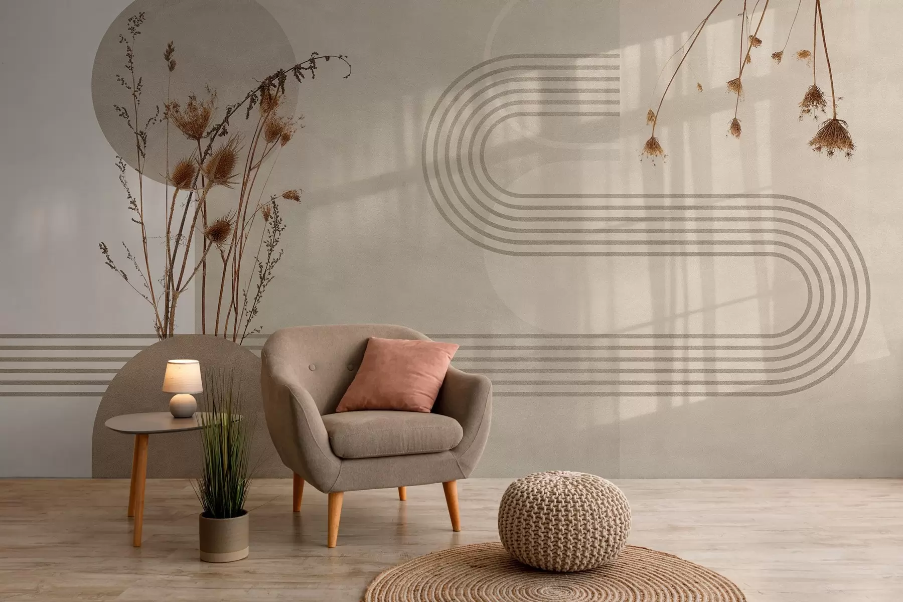 Fotobehang stijlvolle geometrie en gedroogde bloemen in beige tinten w03449