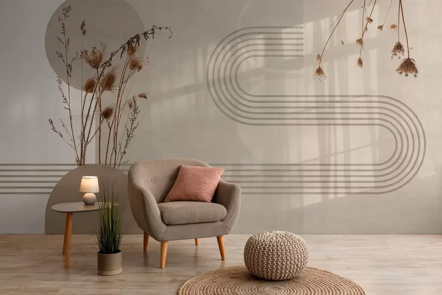 Fotobehang stijlvolle geometrie en gedroogde bloemen in beige tinten w03449