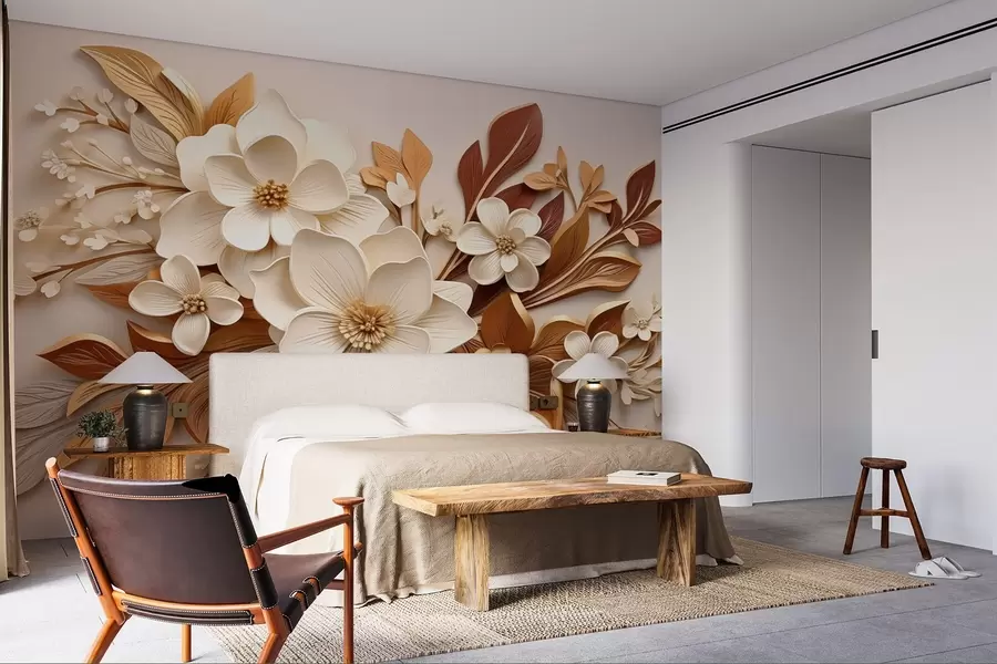 Fotobehang 3D bloemen met bladeren in origamistijl in beige tinten w08984