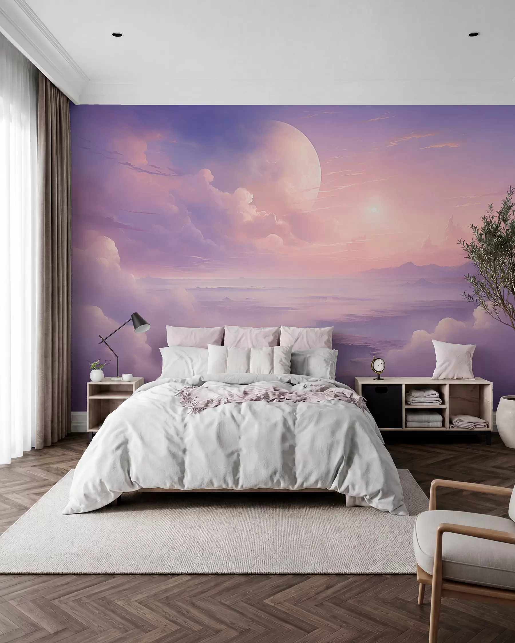 Fotobehang Magische paarsroze lucht met de maan en wolken w08986