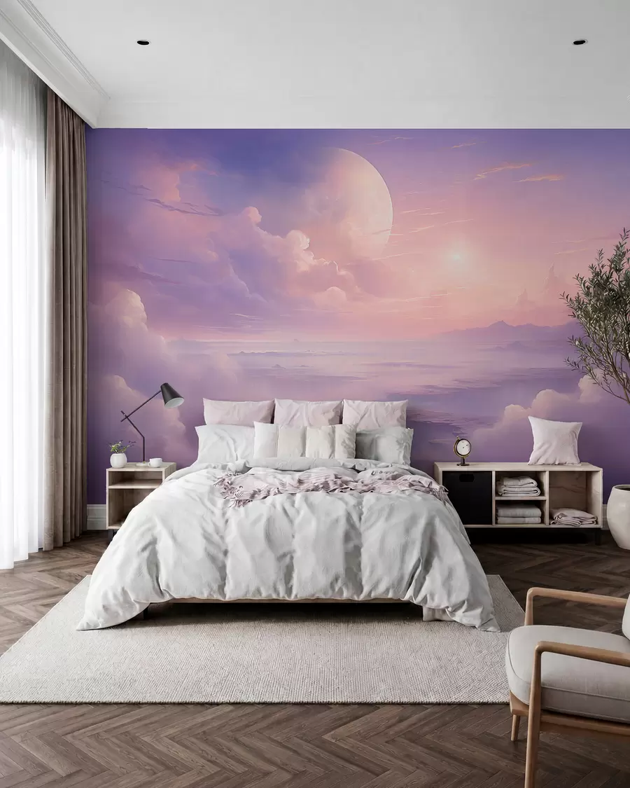 Fotobehang Magische paarsroze lucht met de maan en wolken w08986