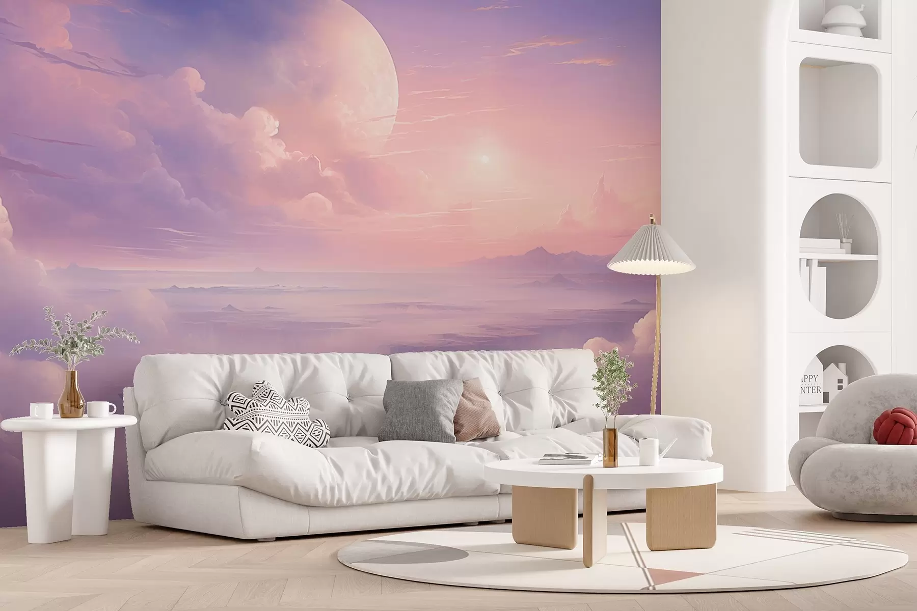 Fotobehang Magische paarsroze lucht met de maan en wolken w08986