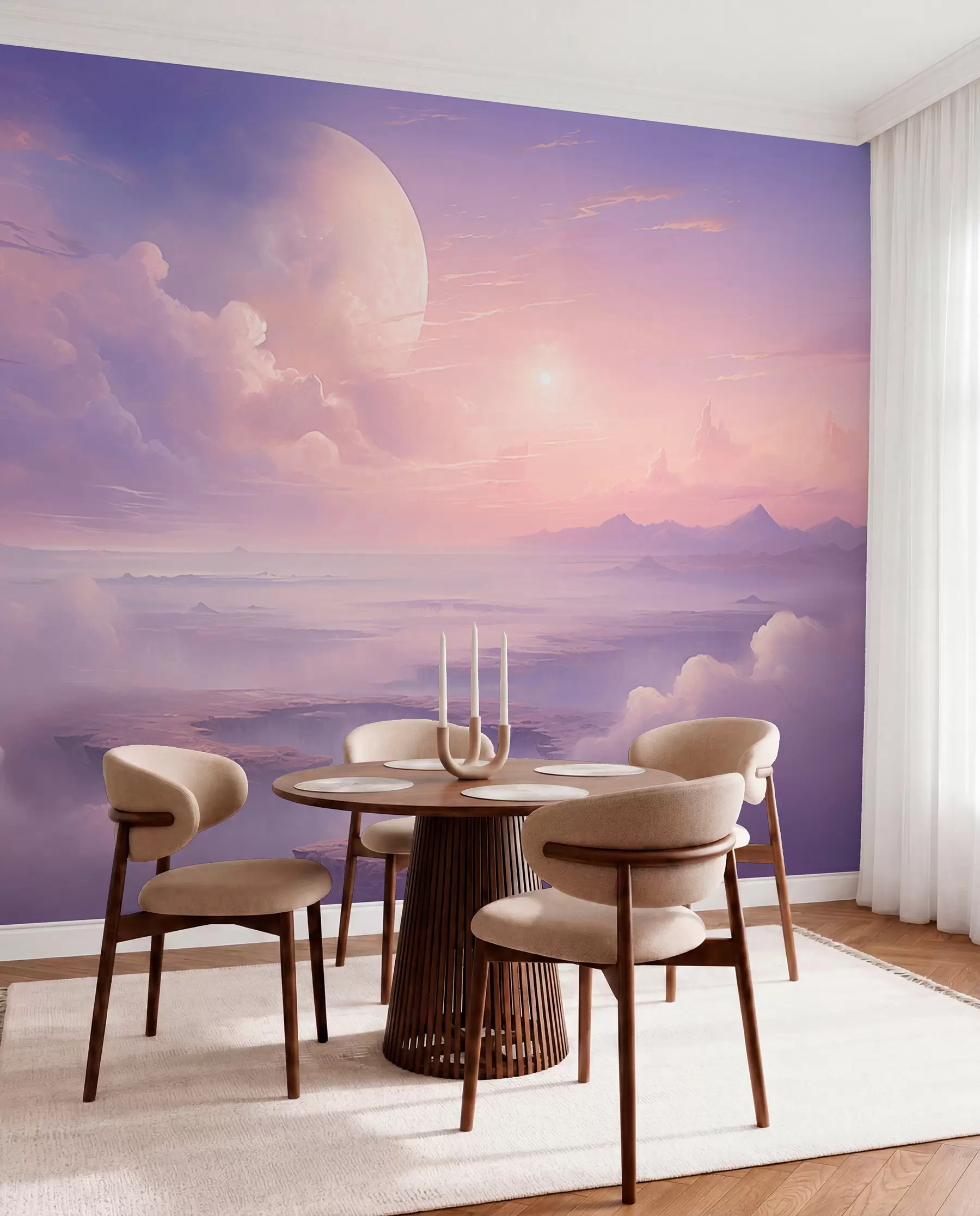 Fotobehang Magische paarsroze lucht met de maan en wolken w08986