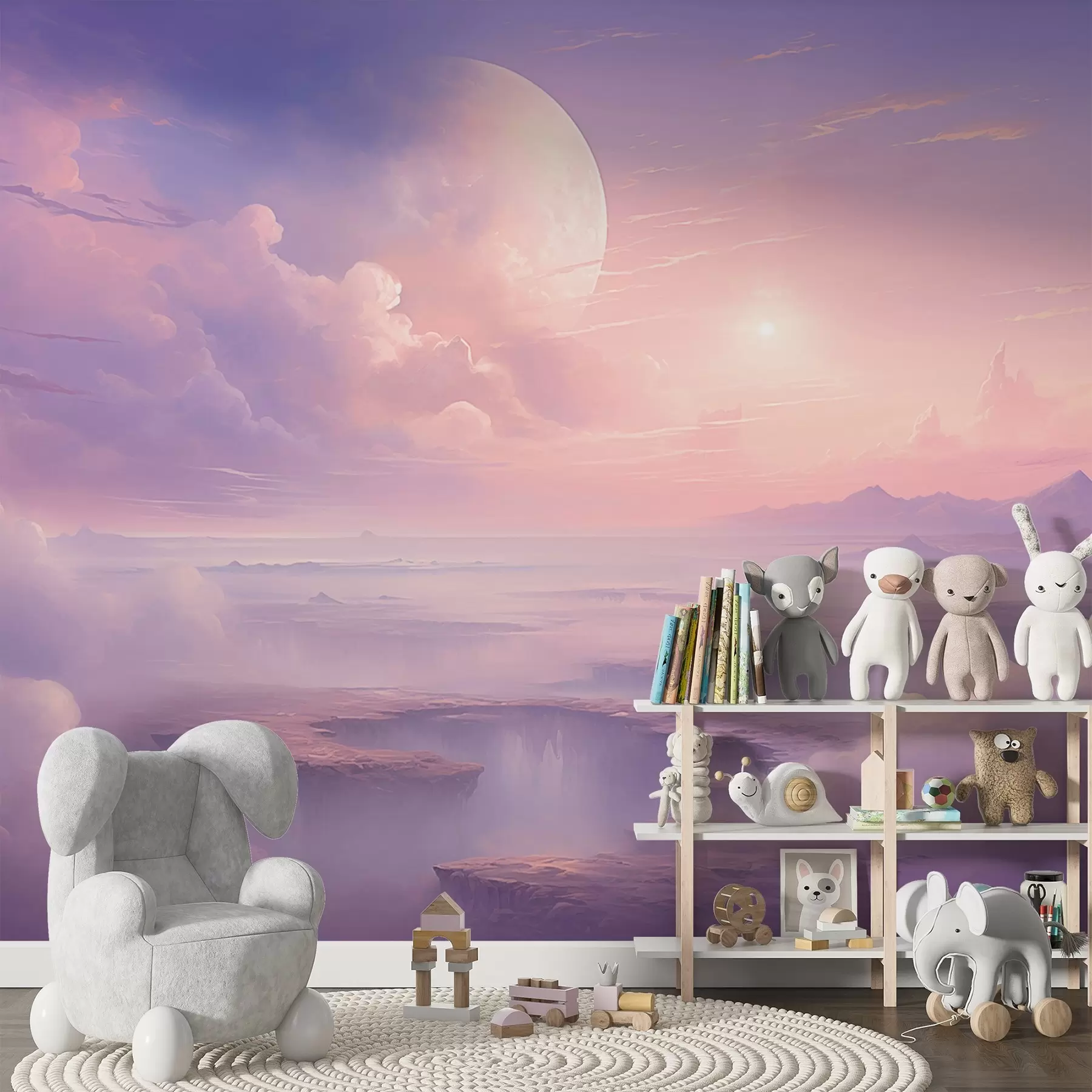  Schilderijen Magische paarsroze lucht met de maan en wolken w08986