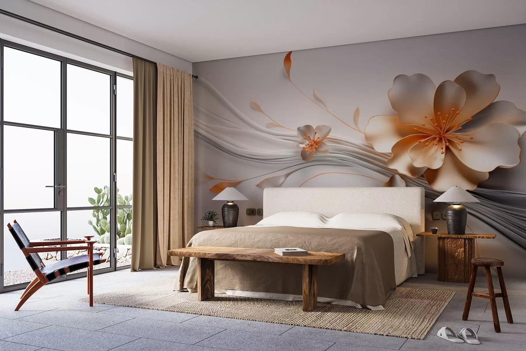 Fotobehang Een oranje bloem op een grijze abstracte achtergrond w09004