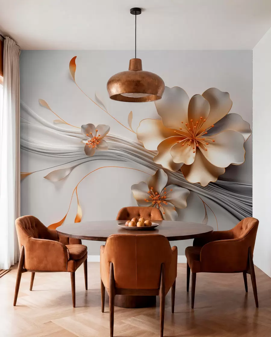 Fotobehang Een oranje bloem op een grijze abstracte achtergrond w09004