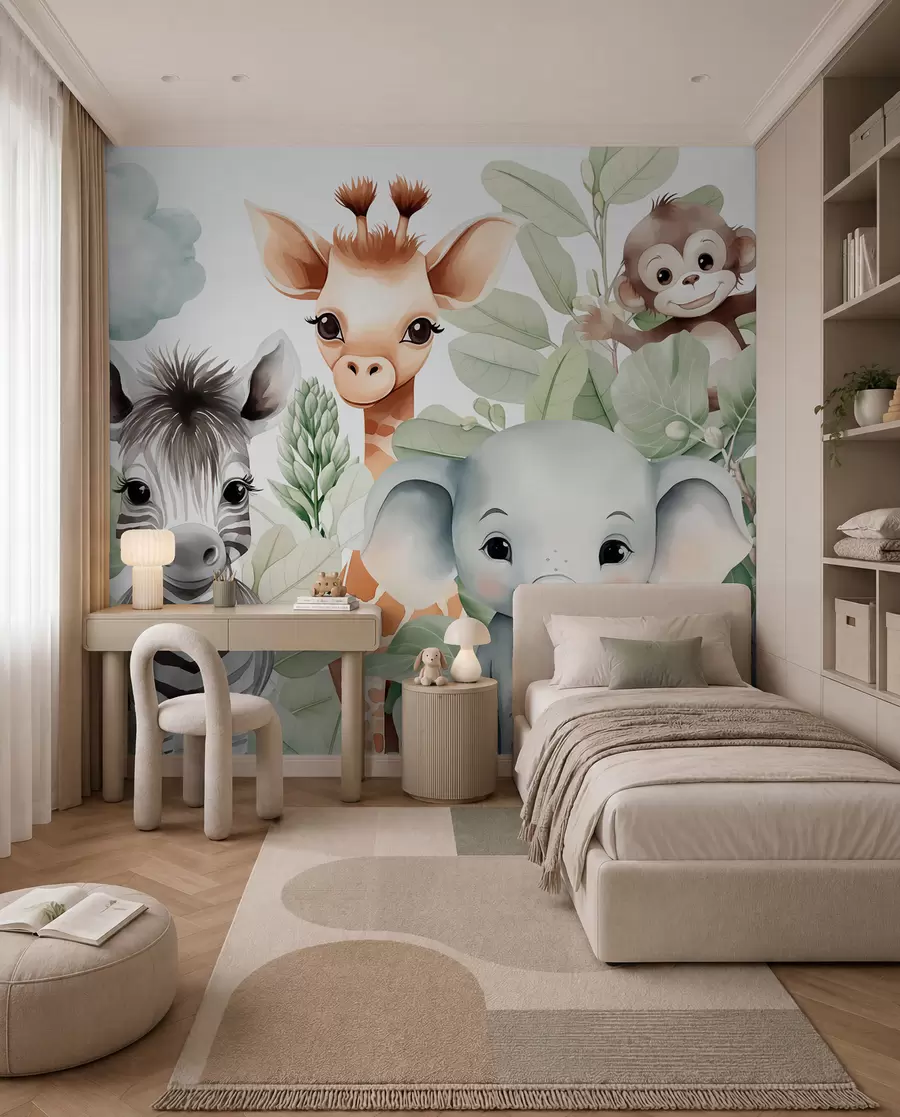 Fotobehang Giraffe, zebra, olifant en aap tussen het gebladerte w03677