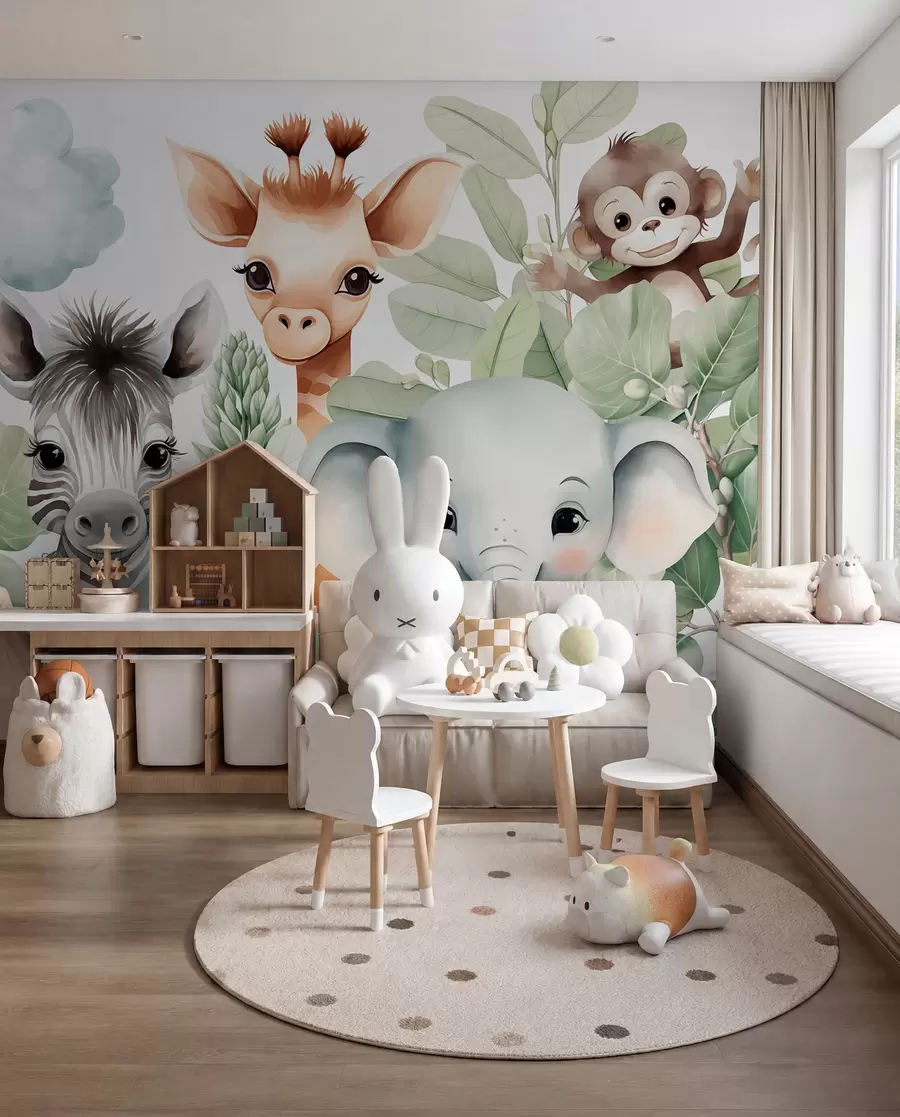 Fotobehang Giraffe, zebra, olifant en aap tussen het gebladerte w03677