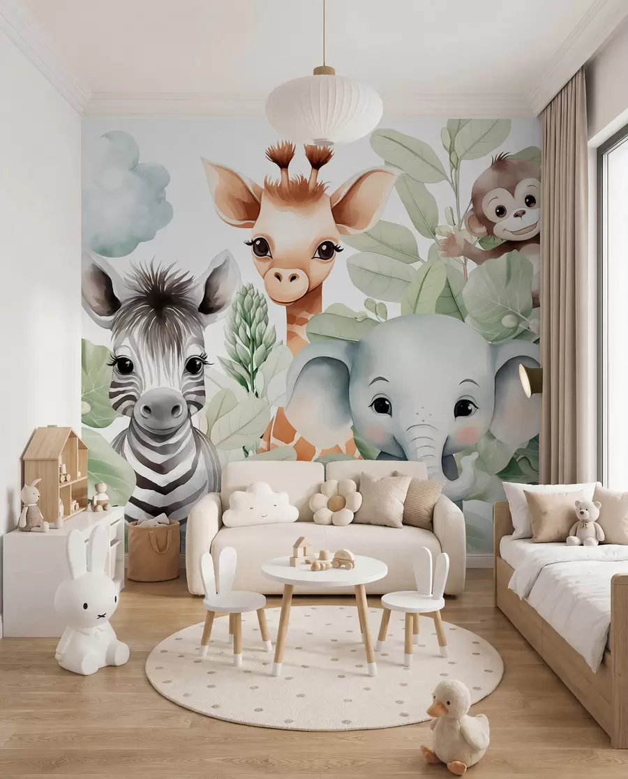 Fotobehang Giraffe, zebra, olifant en aap tussen het gebladerte w03677