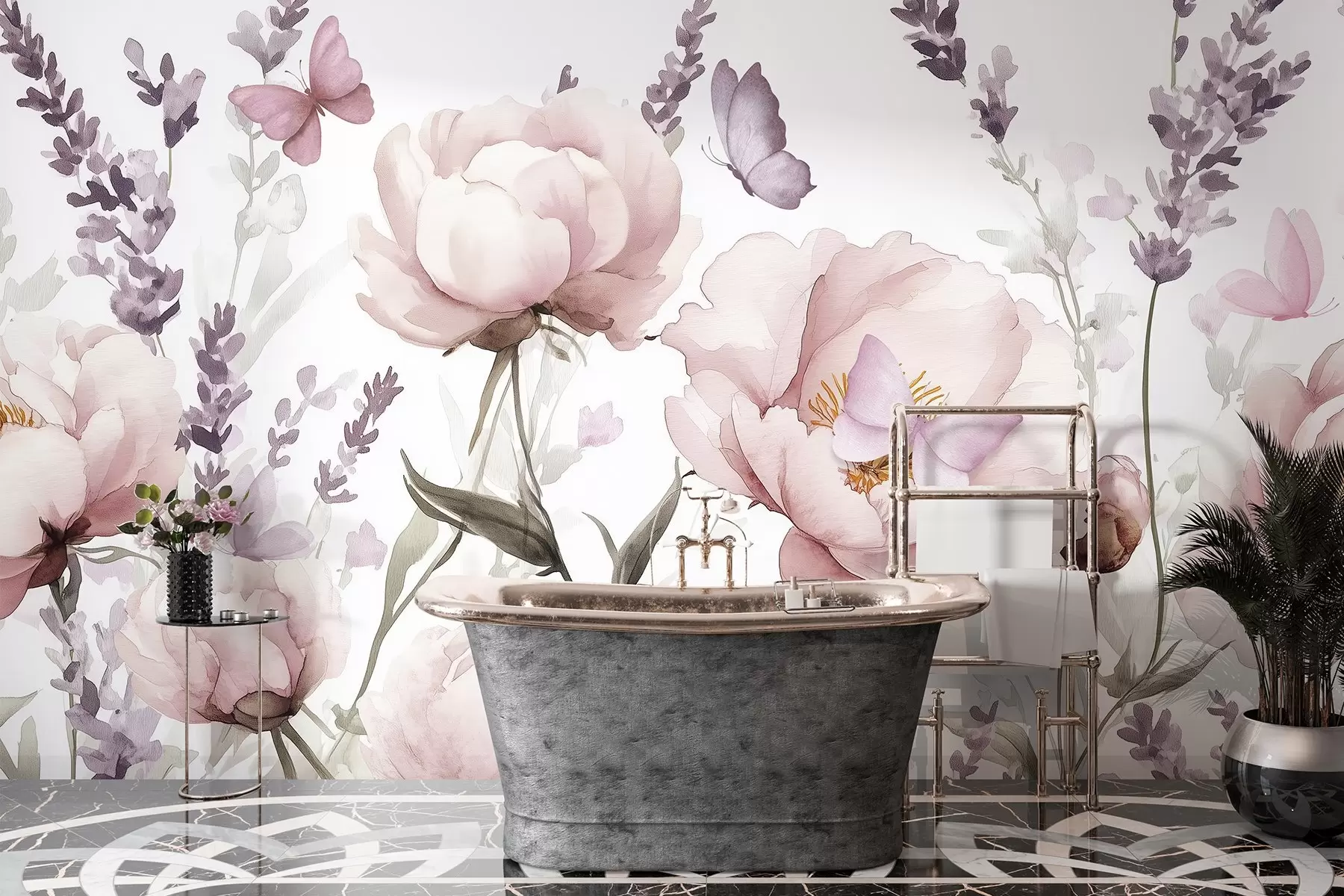 Fotobehang Bloemenweide, pioenrozen, lavendel, vlinders, aquarelstijl, roze kleuren w03668