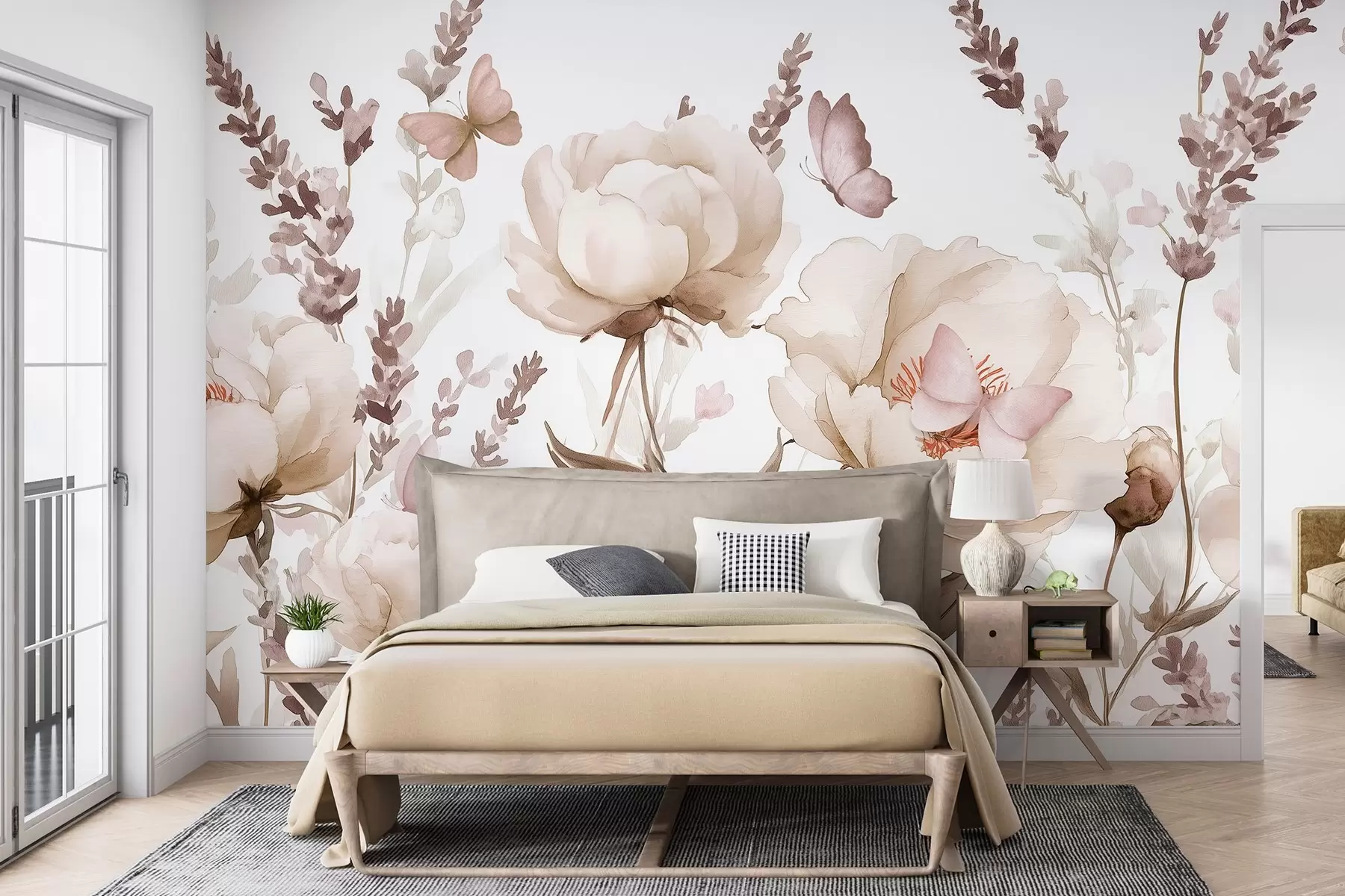 Fotobehang Bloemenweide, pioenrozen, lavendel, vlinders, aquarelstijl, beige kleuren w03668v2