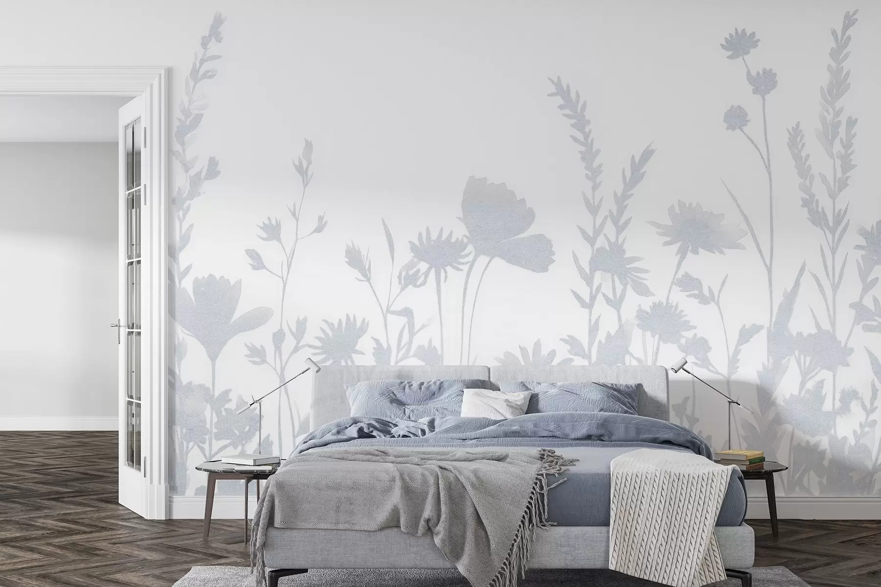 Fotobehang Zomerse weide, rustiek, bloemen, blauw kleurenpalet  w03670v1
