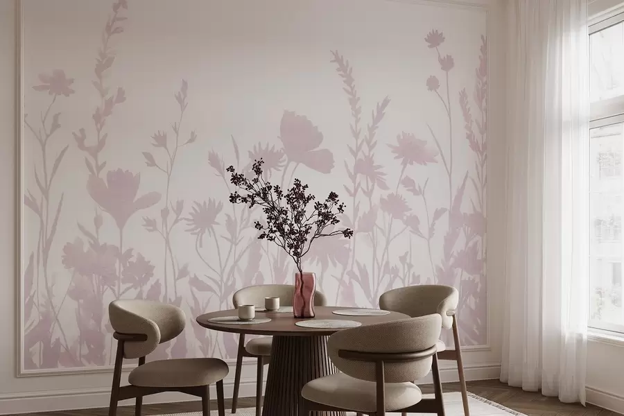 Fotobehang Zomerweide, rustiek, bloemen, roze kleurenpalet  w03670v2