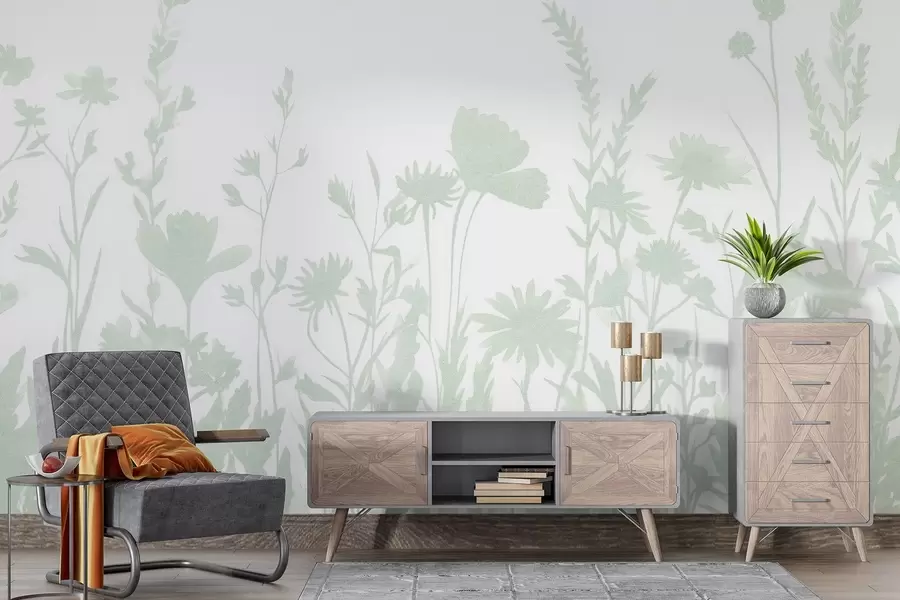 Fotobehang Zomerweide, rustiek, bloemen, groen kleurenpalet  w03670v3