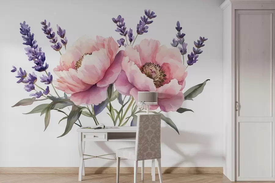 Fotobehang Aquarel stijl pioenrozen, lavendel, bloemen, natuurlijke kleuren w03671