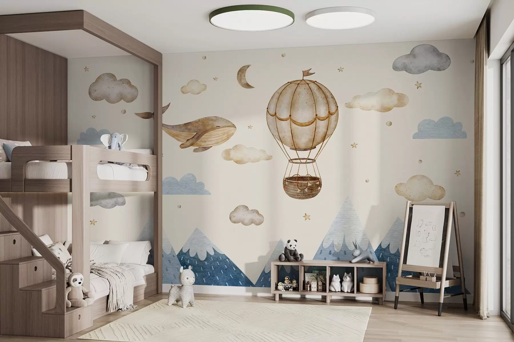 Fotobehang Luchtballon, schattige walvis, sterrenhemel, bergen, aquarel, blauwe en beige kleuren w03672