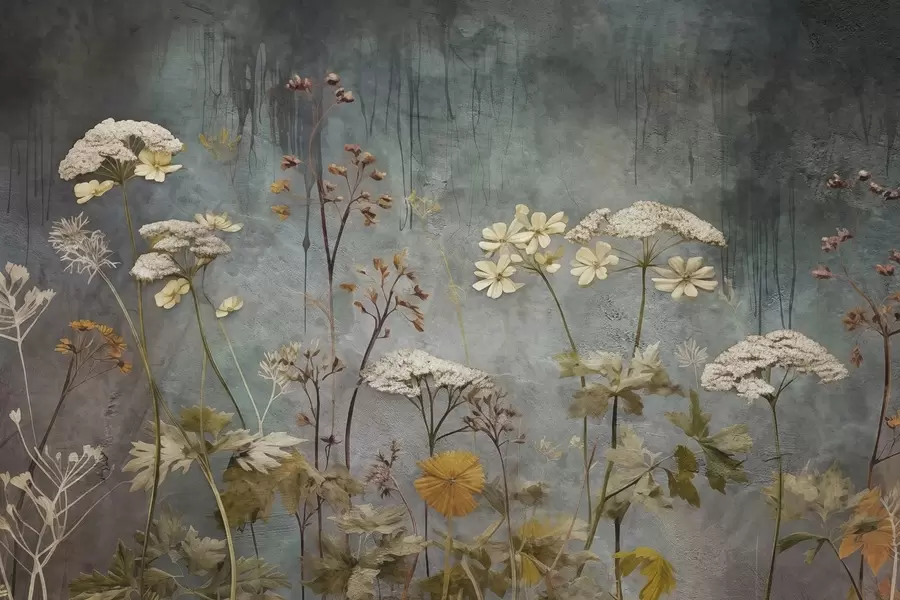 Fotobehang Wilde bloemen en grassen op de achtergrond van grunge muur w03697