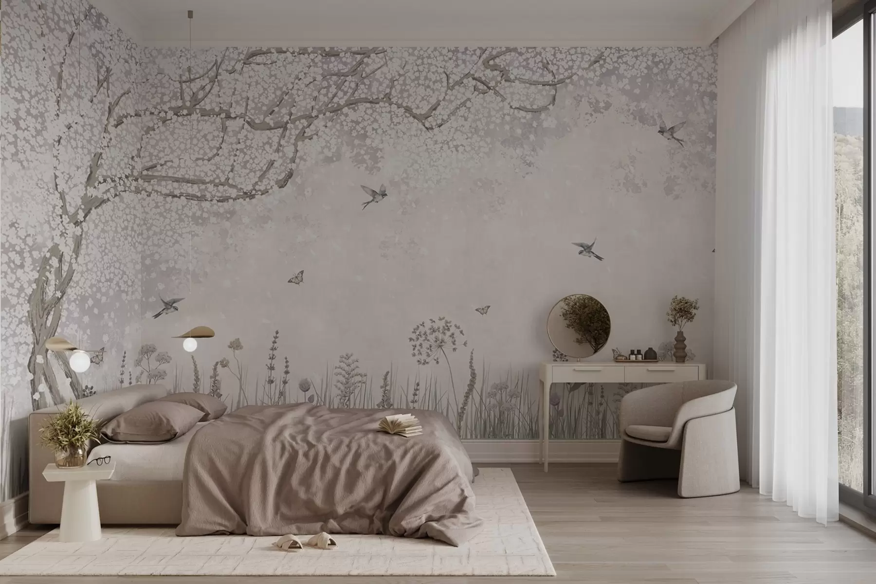 Fotobehang Bloeiende boom met wilde bloemen en vogels w03700