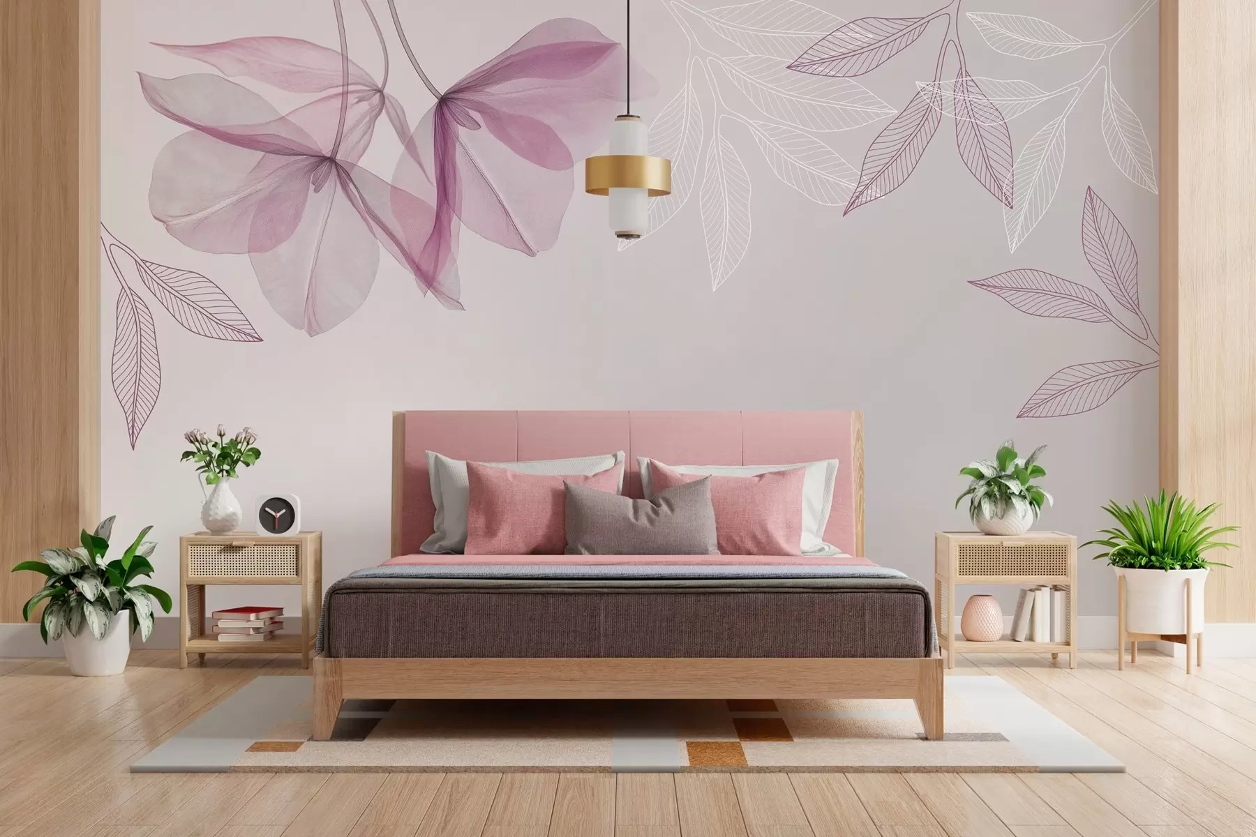 Fotobehang delicate doorschijnende bloemen en bladeren in paarse tinten w03616v4