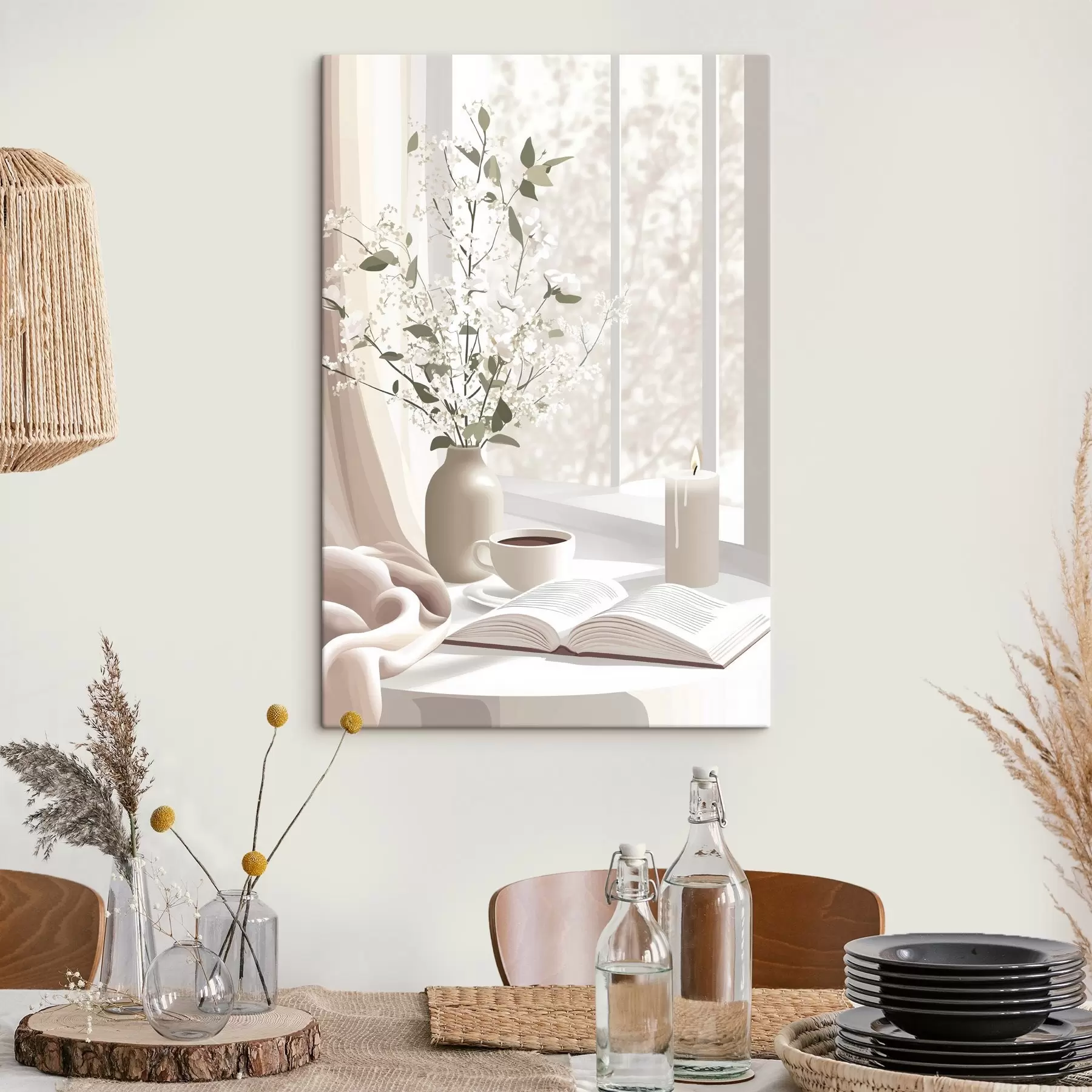 Fotobehang Lenteochtend met koffie en bloemen, zachte pastelkleuren s44015