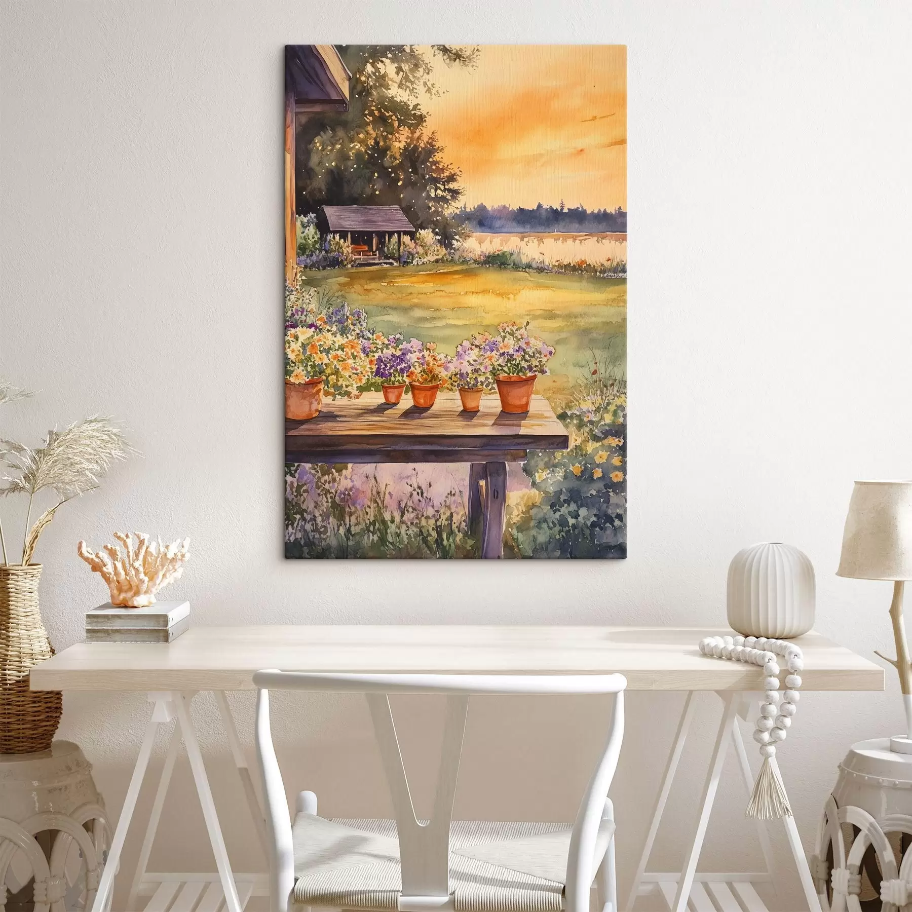  Schilderijen Bloemen in de dorpstuin, kleuren van zonsondergang, aquarelstijl s44019