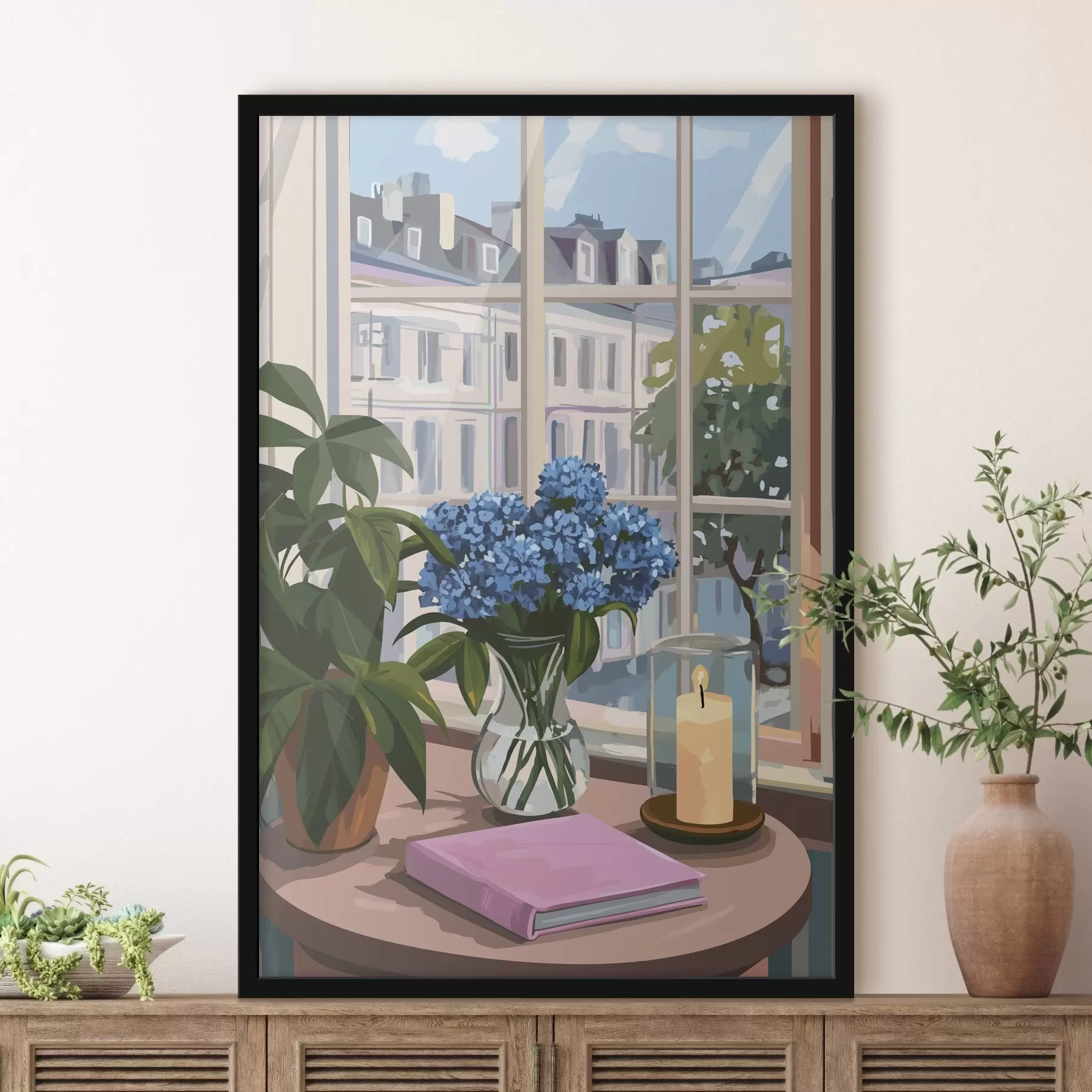  Schilderijen Hortensia's in de vaas, raam, kaars, gezellig huis f44009