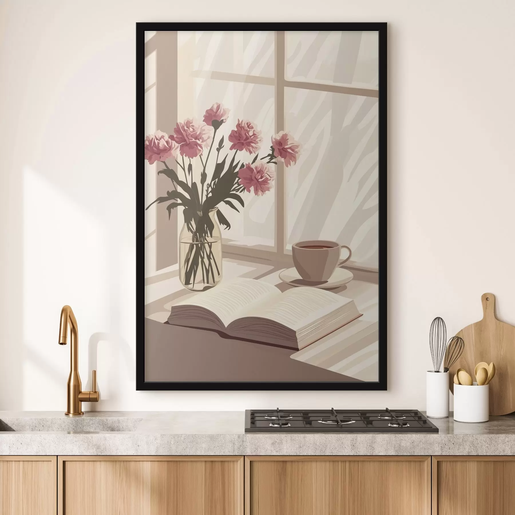 Fotobehang Ochtend esthetiek, kopje koffie, boek, anjer bloemen f44012